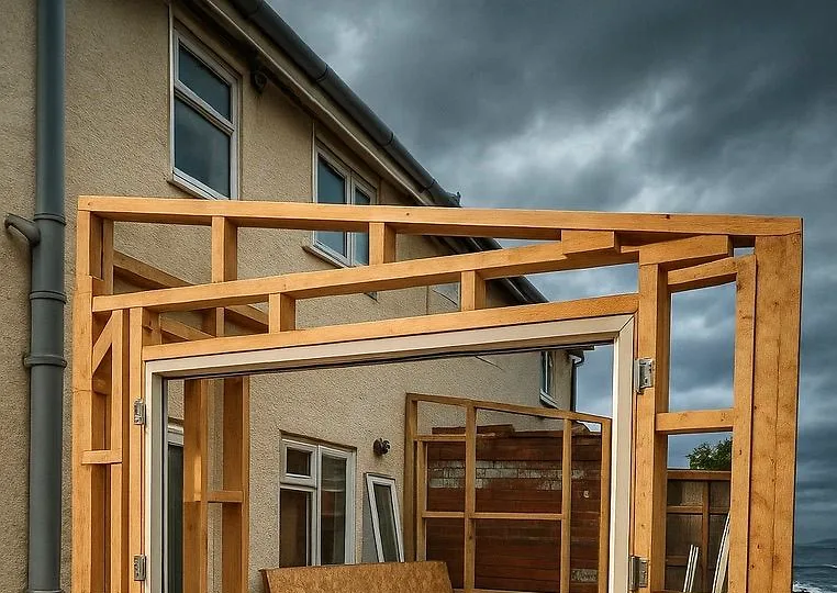 Timber pergola framing from a completed past outdoor project, view 1